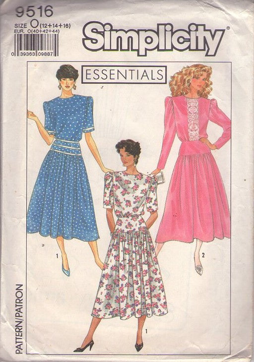 Simplicity 9516 Vintage 80's Sewing Pattern Office Essentials, Secretary Blouson Smooth Hip Yoked Modest Garden Party Tea Dress 2 Styles Size 12-16