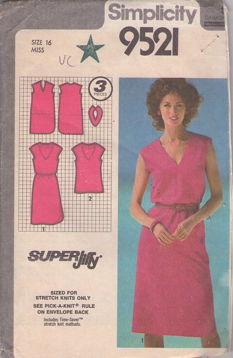 Simplicity 9521 Vintage 80's Sewing Pattern Super Jiffy Pullover Dress, Tshirt Tee Top, Knits Size 16