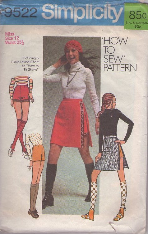 Simplicity 9522 Vintage 70's Sewing Pattern Mod Hot Pants, Shorts, Easy How to Sew, Twiggy Looks, Side Slit Mini Skirt Wear Together or Separate Size 12