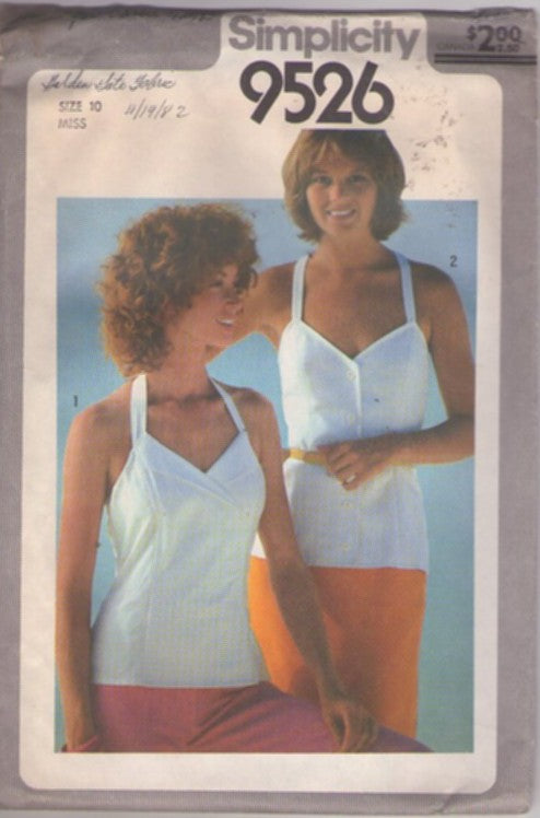 Simplicity 9526 Vintage 80's Sewing Pattern Sun Tops, Charlie's Angels, Sweetheart Neckline Halter or Criss Cross Straps Camisole Sun Top Size 10