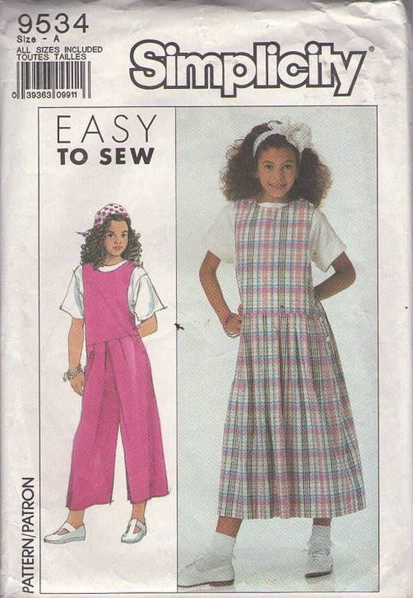 Simplicity 9534 Retro 90's Sewing Pattern Girl's Separates, New Wave Grunge Era Open Underarms Culottes Jumpsuit, Jumper Dress, Tshirt Top Size S-M