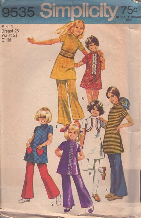 Simplicity 9535 Vintage 70's Sewing Pattern Girl's Separates, Mod Brady Bunch Heart Shaped Pockets, Trims GALORE Tunic Top, Dress, Bell Bottoms Pants Size 4