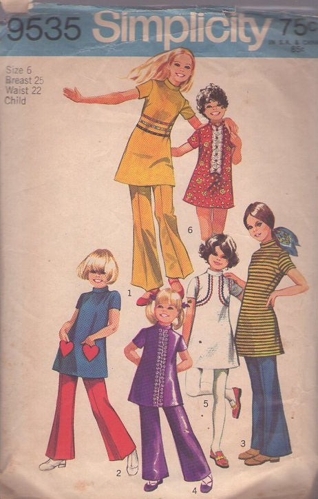 Simplicity 9535 Vintage 70's Sewing Pattern Girl's Separates, Mod Brady Bunch Heart Shaped Pockets, Trims GALORE Tunic Top, Dress, Bell Bottoms Pants Size 6