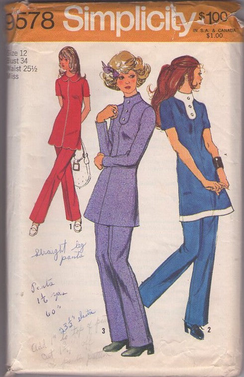 Simplicity 9578 Vintage 70's Sewing Pattern Mod Pantsuit Separates, Contrast High Collar Yoke Band Trim or Scallops Tunic Top, Micro Mini Dress & Pants Size 12