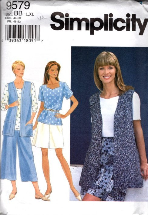 Simplicity 9579 Retro 90's Sewing Pattern Casual Separates, Sweetheart Neckline Blouse, Split Skirt Culottes, Long Vest, Shorts Size L-XL