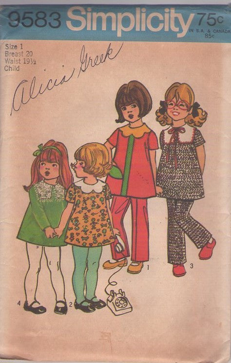 Simplicity 9583 Vintage 70's Sewing Pattern TODDLER Separates, Flower Applique Petal or Square Collar Dress, Tunic Top & Pants Size 1