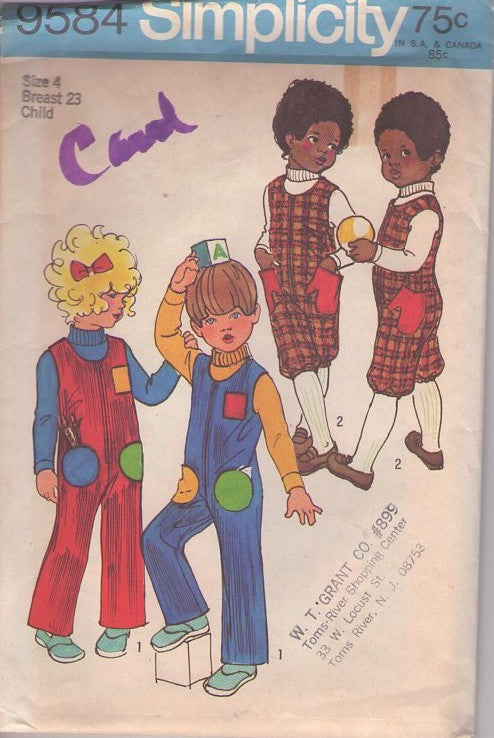 Simplicity 9584 Vintage 70's Sewing Pattern Child's Jumpsuits, Round or Hand Glove Shaped Pockets Knickers Jumpsuit, Coveralls Size 4