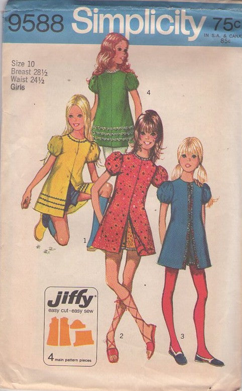 Simplicity 9588 Vintage 70's Sewing Pattern Girl's Mod Separates, Jiffy Ball Puff Sleeve Party Dress, Split Front Tunic Top Blouse, Shorts Size 10