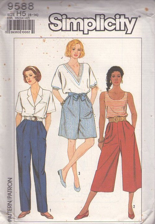 Simplicity 9588 Vintage 90's Sewing Pattern Casual Loose Fit Shorts, Culottes, Pants, Pockets, 3 Styles Size 6-14