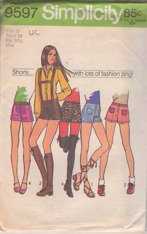 Simplicity 9597 Vintage 70's Sewing Pattern Mod Shorts, Hippie Hip Huggers, Hot Pants, Short Shorts 4 Styles Size 8