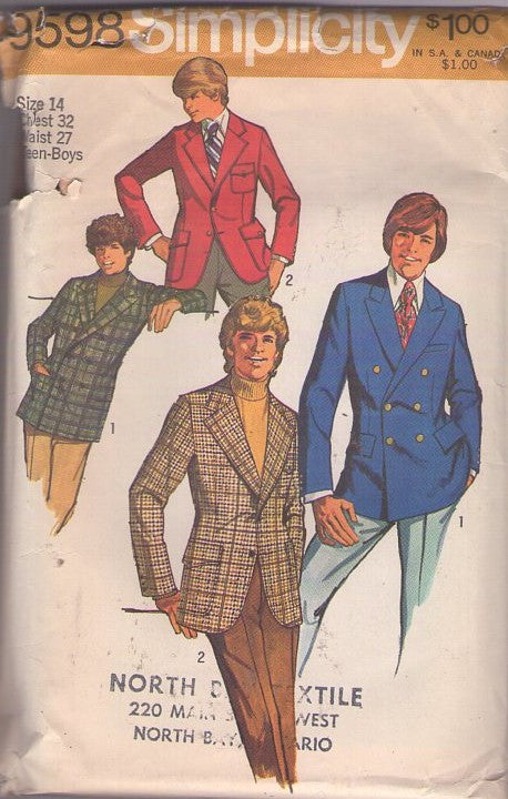 Simplicity 9598 Vintage 70's Sewing Pattern Teens' Suit, Hipster Single or Double Breasted Blazer Suit Jacket, 2 Styles Size 14