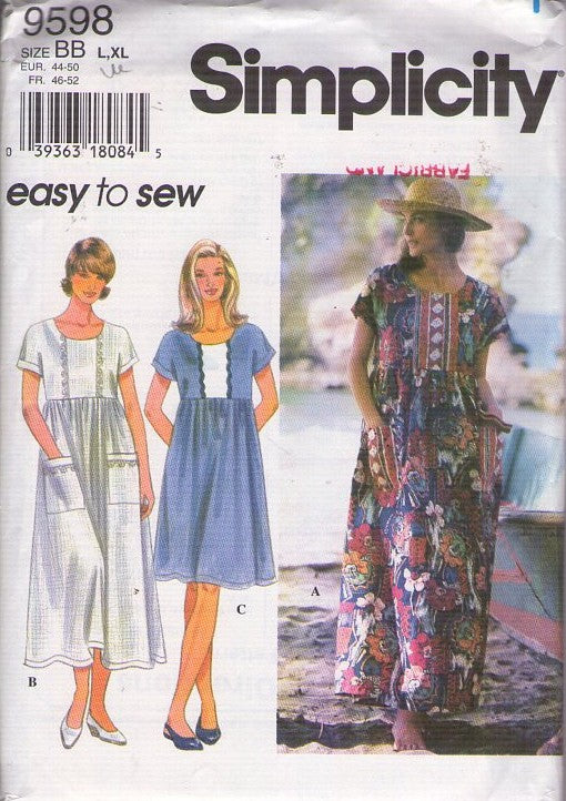 Simplicity 9598 Vintage 90's Sewing Pattern Easy Lounge Dress, School Teacher, Cottagecore, Cruise Styles Size L-XL
