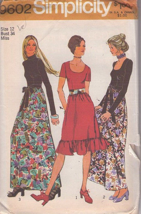 Simplicity 9602 Vintage 70's Sewing Pattern Boho Dress Set, Contrast Top Hostess Maxi Gown, Scoop Neck Ruffled Cocktail Party Dress, 3 Styles Size 12 UNCUT