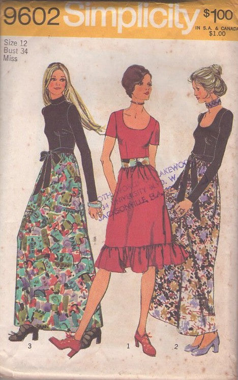 Simplicity 9602 Vintage 70's Sewing Pattern Boho Dress Set, Contrast Top Hostess Maxi Gown, Scoop Neck Ruffled Cocktail Party Dress, 3 Styles Size 12 CUT