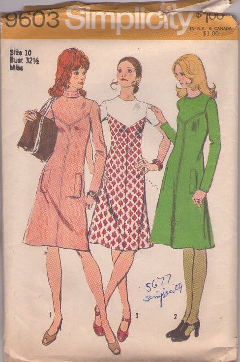 Simplicity 9603 Vintage 70's Sewing Pattern Mod Secretary Dress Set, Contrast Y Yoke, Fit & Flared Dress 3 Styles Size 10