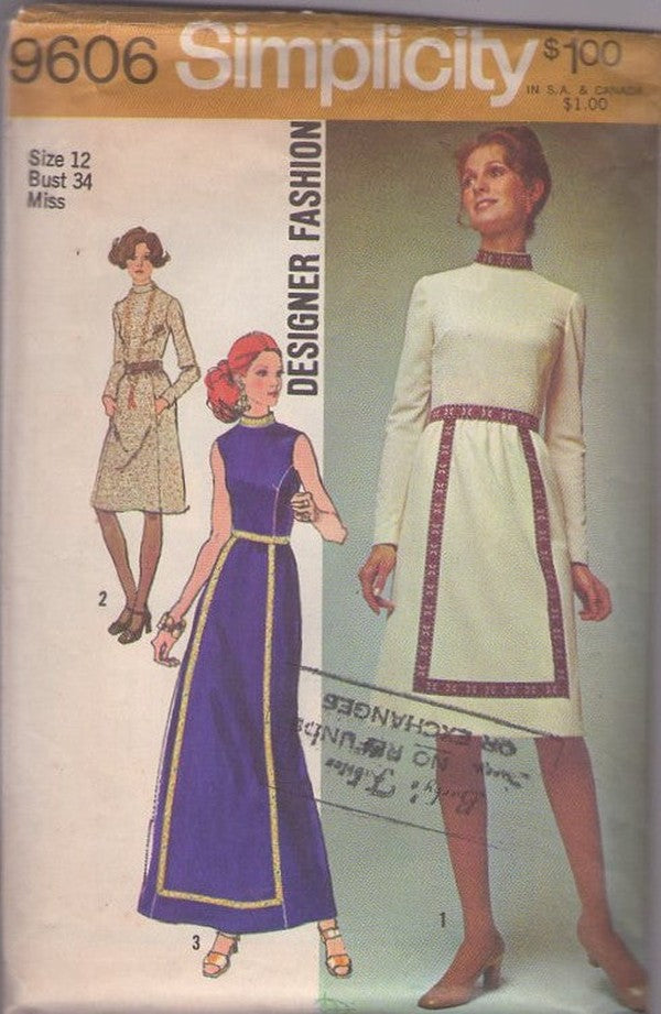 Simplicity 9606 Vintage 70's Sewing Pattern Mod Dress, Designer Fashion Ribbon Trimmed Space Age Party Dress, Hidden Front Pockets, Hostess Maxi Gown Size 12