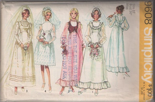 Simplicity 9608 Vintage 70's Sewing Pattern Bridal Gowns, Southern Belle, Farmcore Eyelet Wedding Dress, Victorian Inspired, Steam Punk Formal Gown Size 10