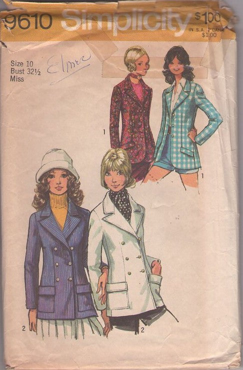 Simplicity 9610 Vintage 70's Sewing Pattern Mod Jackets, Single or Double Breasted Pea Coat Spy Girl Blazer Jacket 2 Styles Size 10