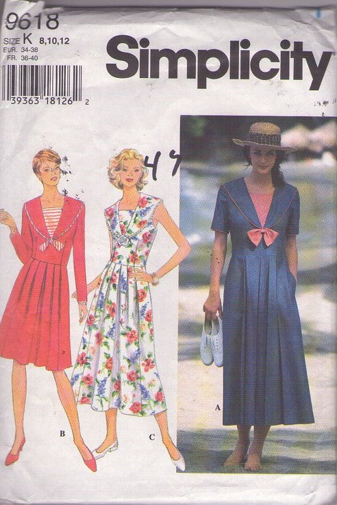 Simplicity 9618 Vintage 90's Sewing Pattern Cottagecore Dress, Shawl Sailor Collar, Pleated Skirt, Victorian Garden Party Vibes Size 14-18