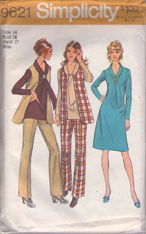 Simplicity 9621 Vintage 70's Sewing Pattern Secretary Separates, Dress, Long Scarf, Tie Collar, Blouse, Long Vest Jacket & Pants LOOP RIBBON AWARENESS Tie! Size 14