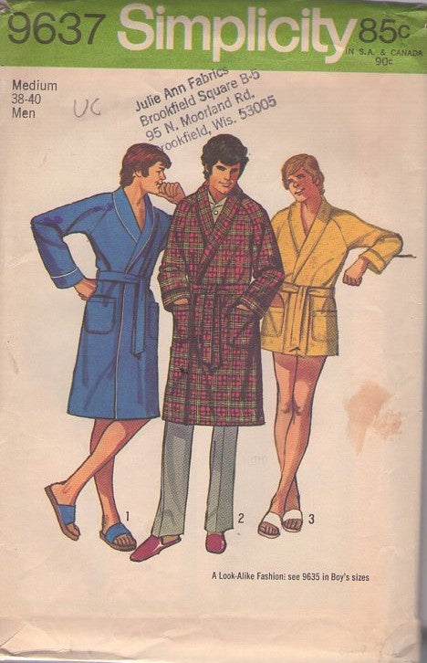 Simplicity 9637 Vintage 70's Sewing Pattern Comfortable Men's Shawl Collar Wrap Around Bathrobe, Sexy Short Spa Robe, Pool Wrap Set Size M