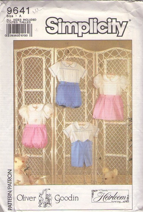 Simplicity 9641 Vintage 90's Sewing Pattern Baby Dress, Romper, Classic Heirloom by Oliver Goodin Designs, Back Buttoned Blouse, Button on Bloomers or Shorts Size 1/2-3