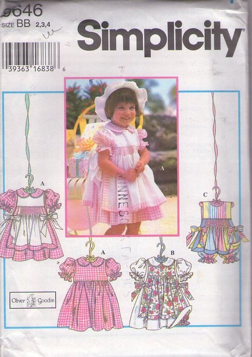Simplicity 9646 Vintage 90's Sewing Pattern Girl's Dress, Pinafore, Sunsuit, Designer Oliver Goodin Puff Sleeves, Attached Pinafore Apron with Smocking, Bloomers Panty Size 2-4