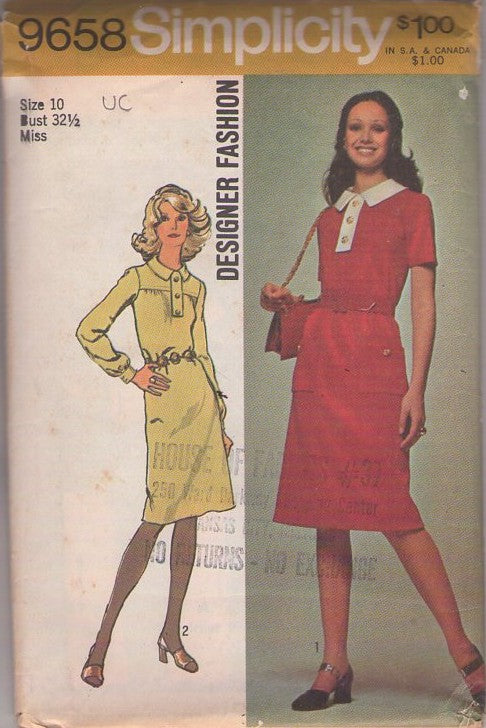 Simplicity 9658 Vintage 70's Sewing Pattern Mod Dress Set, Designer Fashion Secretary Fit & Flared Day Dress, Collar, Button Trim Tab 2 Styles Size 10