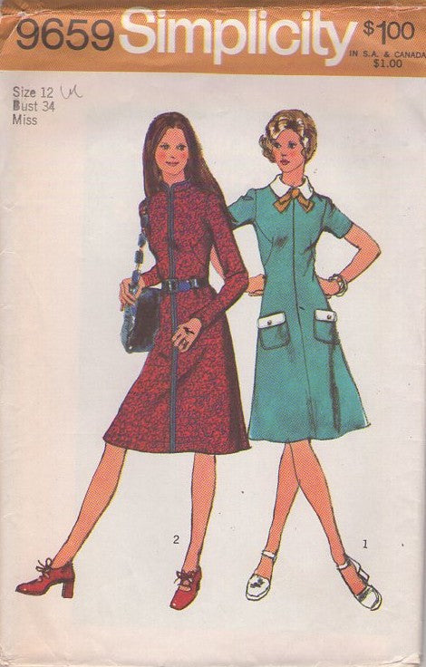 Simplicity 9659 Vintage 70's Sewing Pattern Mod Dresses, Secretary Fit & Flared Stand Up or Fold Collar Front Zipper Dress, 2 Styles Size 12