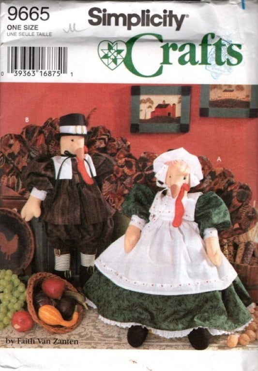 Simplicity 9665 Retro 90's Sewing Pattern Holiday Home Crafts, Thanksgiving Pilgrim Turkey Dolls, Clothing OZ