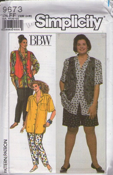 Simplicity 9673 Vintage 90's Sewing Pattern Oversized Blouse, Shirt, Vest Jacket, Shorts, Pants, BBW, Big Beautiful Woman, Plus Size 18W-24W