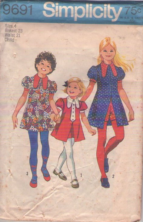 Simplicity 9691 Vintage 70's Sewing Pattern Girl's Dress, Shorts, Brady Bunch, Dog Ear Collar, Slit Front Tunic Dress, Hot Pants Shorts Size 4