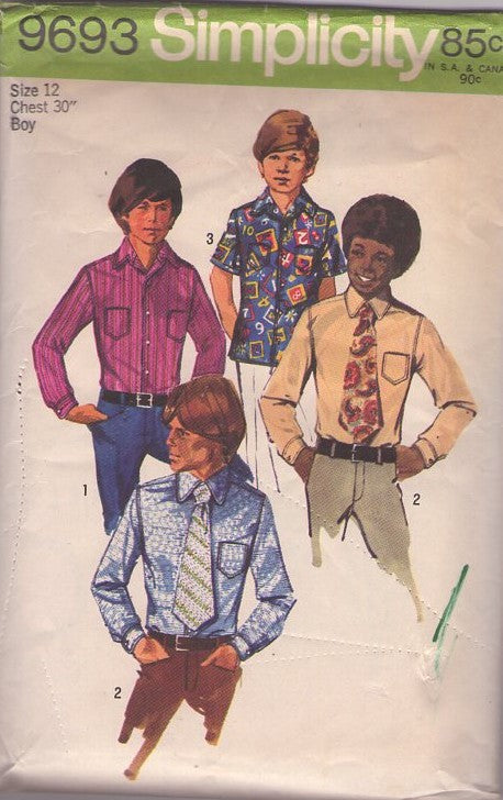 Simplicity 9693 Vintage 70's Sewing Pattern Boys' Shirts, Ties, Brady Bunch, Disco, First Job Interview, Fancy Dress or Casual Novelty Print Shirt Set, 3 Styles & Tie Size 12