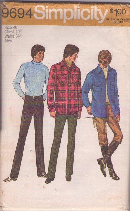 Simplicity 9694 Vintage 70's Sewing Pattern Men's Disco Shirt, Fly Front Trousers, Hunting or Leisure Suit Styles Size 40