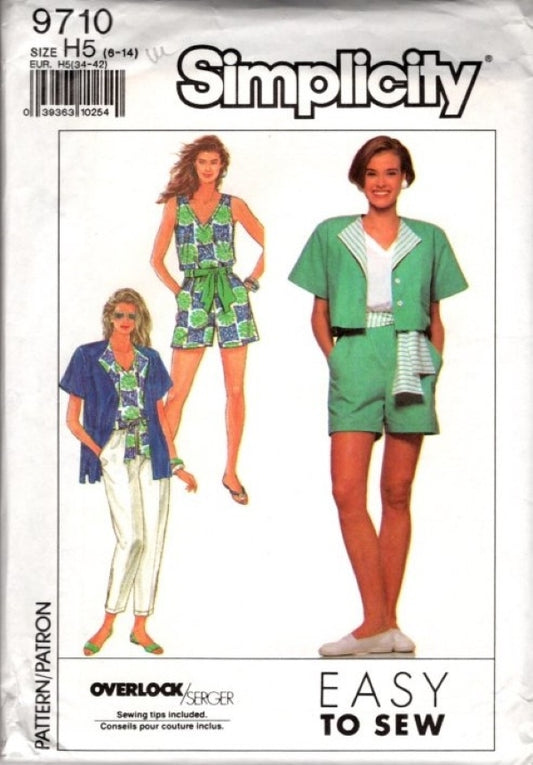 Simplicity 9710 Vintage 90's Sewing Pattern Easy to Sew Summer Wardrobe, V Neck Top, Wing Collar Jacket Blouse, Shorts, Pants Size 6-14