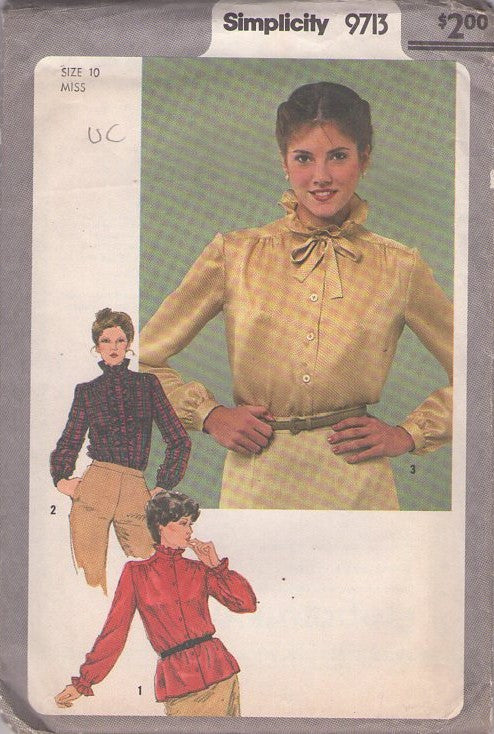 Simplicity 9713 Vintage 80's Sewing Pattern Blouse Set, Modest High Ruffled Neckline Shiny Secretary Blouse Set Size 10