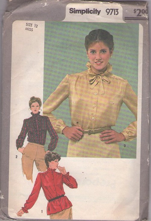 Simplicity 9713 Vintage 80's Sewing Pattern Blouse Set, Modest High Ruffled Neckline Shiny Secretary Blouse Set Size 12