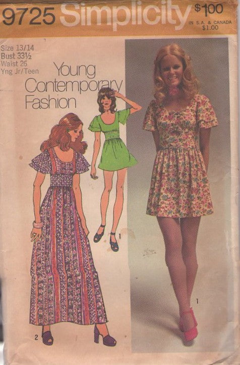 Simplicity 9725 Vintage 70's Sewing Pattern Boho Dress Set, Young Contemporary Fashion Boho Flutter Sleeve Wide Cinched Midriff Mini Dress, Prairie Maxi Gown Size 13/14