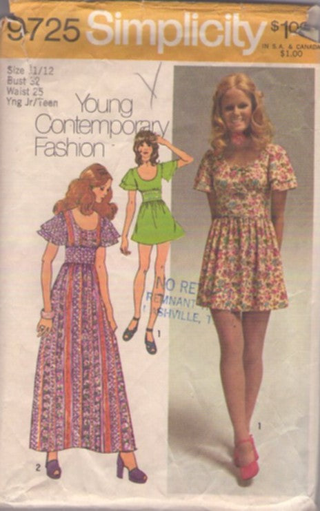 Simplicity 9725 Vintage 70's Sewing Pattern Boho Dress Set, Young Contemporary Fashion Boho Flutter Sleeve Wide Cinched Midriff Mini Dress, Prairie Maxi Gown Size 11/12