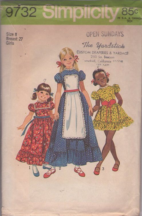 Simplicity 9732 Vintage 70's Sewing Pattern Girl's Dress Set, Modest Cottagecore, Farmcore Girl's Puff Sleeve Button On Apron Front Maxi Gown, Party Dress with Full Ruffled Skirt Size 8