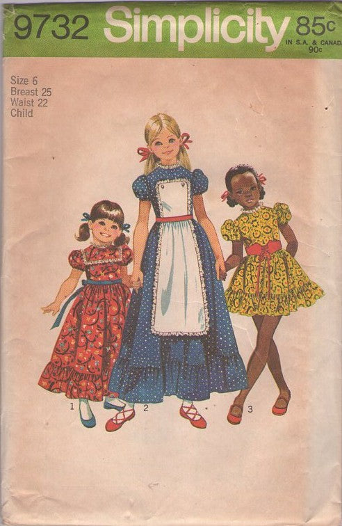 Simplicity 9732 Vintage 70's Sewing Pattern Girl's Dress Set, Modest Cottagecore, Farmcore Girl's Puff Sleeve Button On Apron Front Maxi Gown, Party Dress with Full Ruffled Skirt Size 6