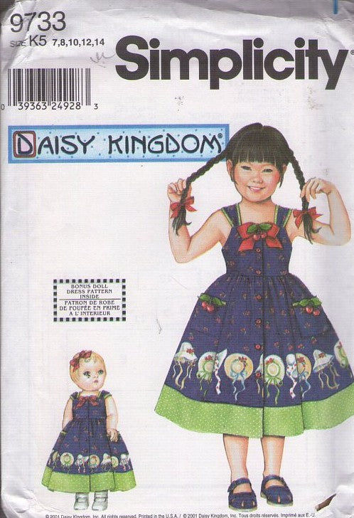 Simplicity 9733 Retro 2001 Sewing Pattern Girl's Farmcore Dress, Daisy Kingdom Front Buttoned Sundress, Matching 18 Doll Outfit Size 7-14