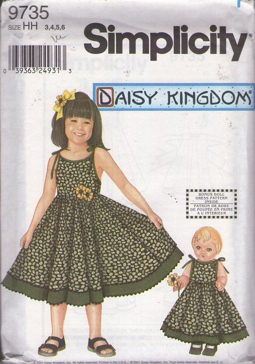 Simplicity 9735 Retro 2001 Sewing Pattern Girl's & Doll Summer Dress, Daisy Kingdom Modest Open Back, Shoulder Ties Sun Dress Size 3-6