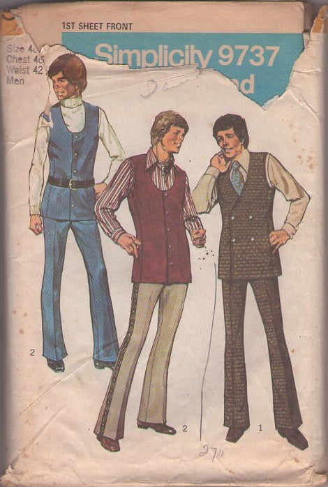 Simplicity 9737 Vintage 70's Sewing Pattern Men's Suit, Austin Powers Beatnik Mod U or V Neck Vest, Double Breasted Sleeveless Jacket, Side Trim Bell Bottoms Fly Front Trousers Size 46 XL