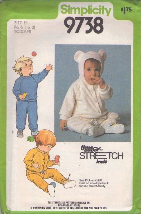 Simplicity 9738 Vintage 80's Sewing Pattern TODDLER'S Separates, Time Saver Stretch Knits, Baby Raglan Sleeve Sweatshirt Top, Pants, Teddy Bear Ears Jacket Size 1/2-2