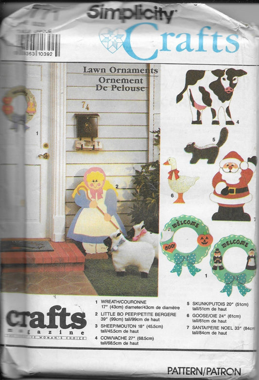 Simplicity 9771 Vintage 90's Sewing Pattern Yard Crafts, Spice Up Your Garden, Lawn Ornaments for Holidays, Farm Cow, Goose, Skunk, Wreath, Santa, Bo Peep, Pumpkins