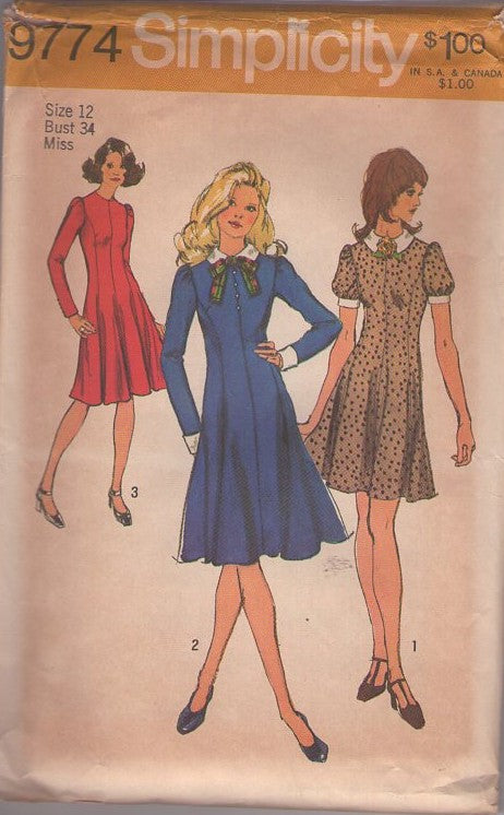 Simplicity 9774 Vintage 70's Sewing Pattern Mod Dress Set, Fit & Flared Princess Seams Day or Party Dress 3 Styles Size 12