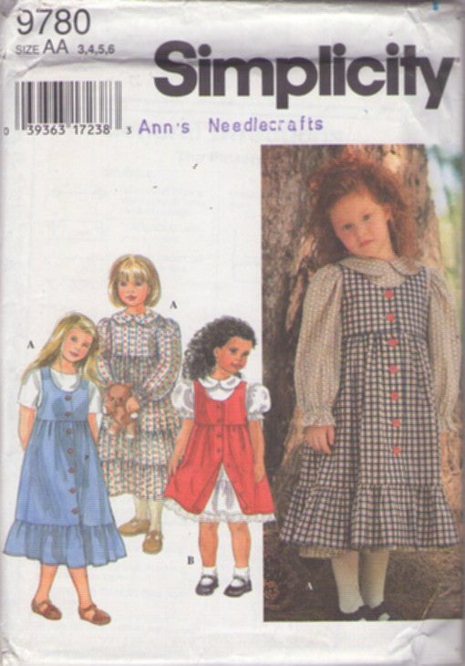 Simplicity 9780 Retro 90's Sewing Pattern Girl's Dress Set, Cottagecore Farmcore Front Buttoned Pinafore Jumper, Prairie Dress, Tiered Petticoat Style Skirt Size 3-6