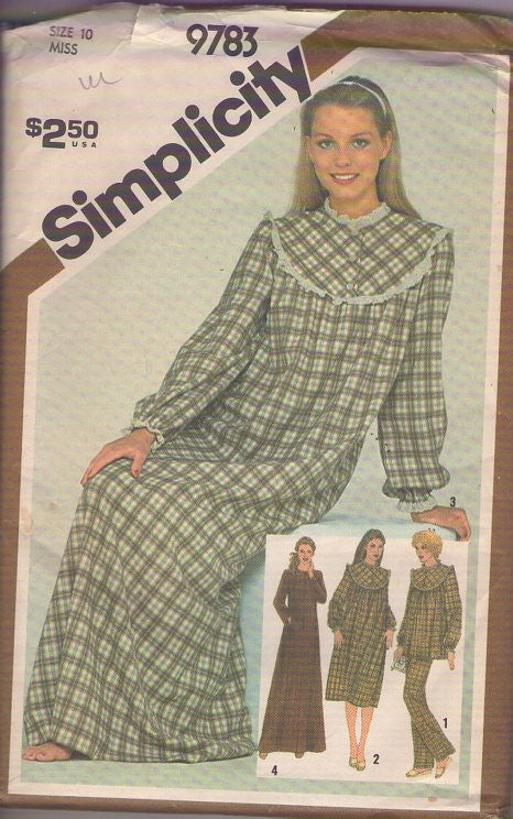 Simplicity 9783 Vintage 80's Sewing Pattern Modest Pajamas, Sleepwear Set, Scoop Yoked Romantic Long Winter Nightgown, Cottagecore Gown, Pajamas Top & Pants & Robe, Bathrobe Size 10