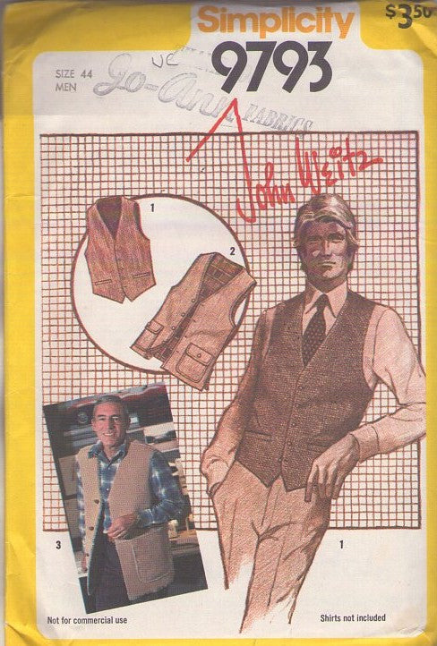 Simplicity 9793 Vintage 80's Sewing Pattern Mens' Vests, Designer John Weitz Mens' Suit Vest, Fishing Vest Vests Set Big & Tall Size 44 XL